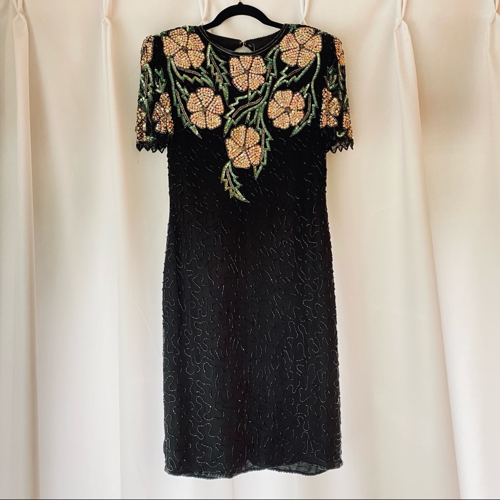 Scala Black Beaded Dress Keyhole Back NWT